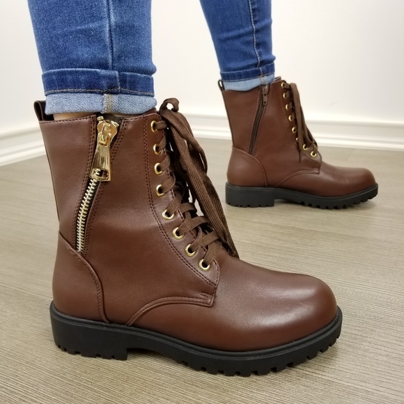 Faux leather brown laced up combat boots - Picture 7 of 8